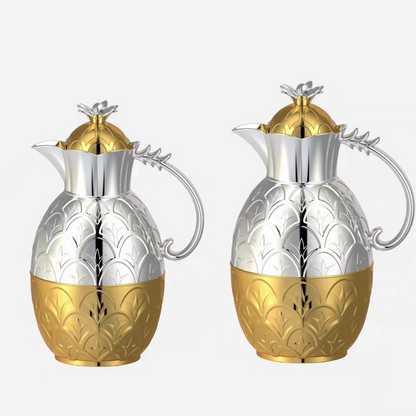 Arabic-Style Gold and Silver Dual-Tone Embossed Design Large Capacity Thermal Coffee Pot with Glass Inner Liner