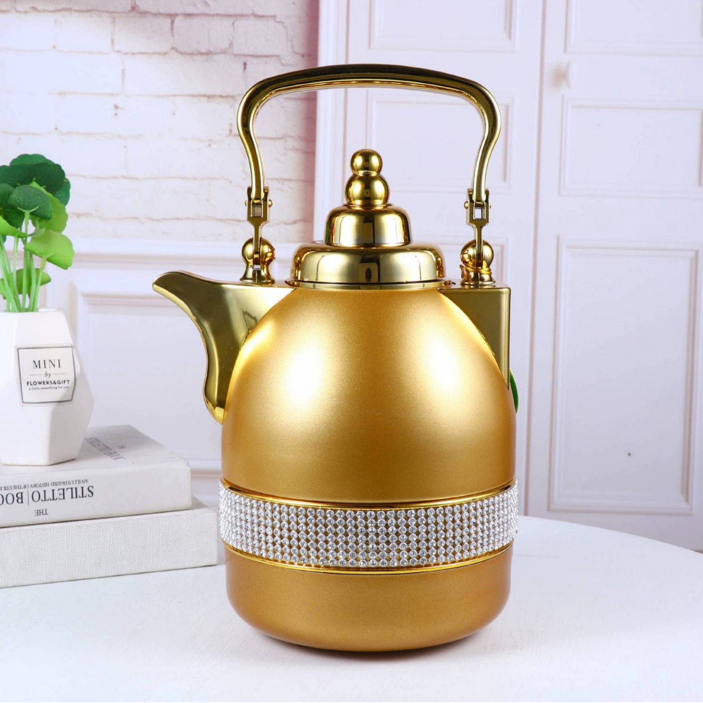 Stainless Arabic Coffee Tea pot Warmer Heat Resistant Glass Liner Perfect Pouring Spout Golden Round